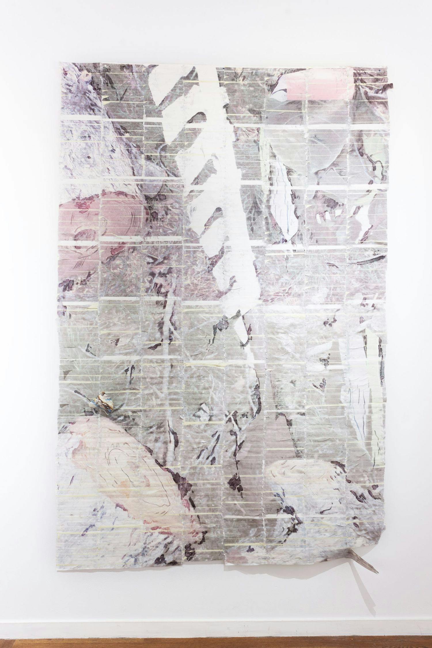 “Exhibit B”, Inkjet prints, tape, cardboard, acrylic, medium, resin, 56"x84", 2023